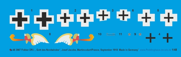 Peddinghaus-Decals 1/48 3987 Fokker Dr.I " Gott des Nordwindes", Josef Jacobs, Martincodurt/France, September 1918
