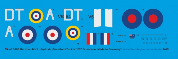 Peddinghaus-Decals 1/48 3998 Hurricane MK I V6864 Sqdn Ldr. Standord Tuck  N°257 Squadron Herbst 1940
