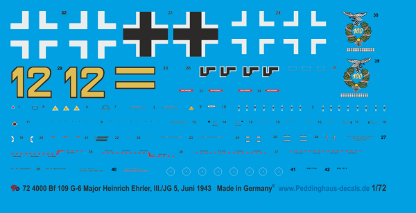 Peddinghaus-Decals 1/72 4000 BF 109 G-6 Major Heinrich Ehrler, III./JG 5, Juni 1943