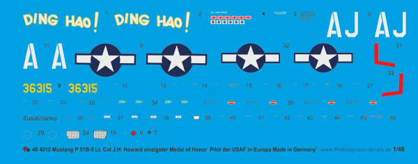Peddinghaus-Decals 1:48 4010 Mustang P 51B-5 Lt. Col. J.H. Howard only Medal of Honor Pilot of the USAF in Europe