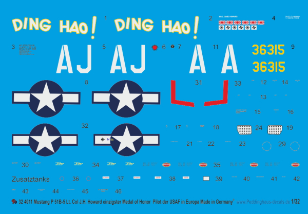 Peddinghaus-Decals 1/32 4011 Mustang P 51B-5 Lt. Col. J.H. Howard only Medal of Honor Pilot of the USAF in Europe