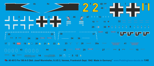 Peddinghaus-Decals 1:48 4013 Fw 190 A5 Oblt. Josef Wurmheller, 9./JG 2, Vannes. Frankreich, September 1942