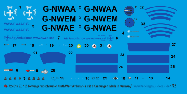 Peddinghaus Decals 1/72 4016 EC 135 North West Ambulance, UK mit 3 Kennungen