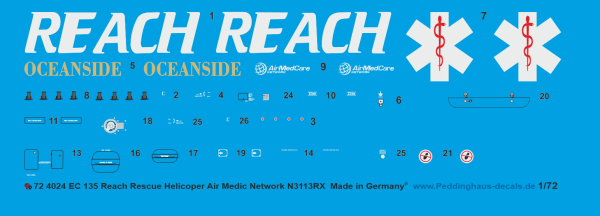 Peddinghaus-Decals 1:72 4024 EC 135 Reach Rescue Helicopter Air Medic Network N313RX