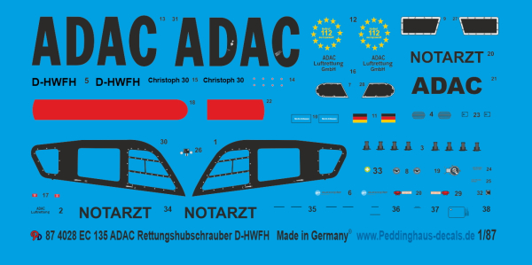 Peddinghaus-Decals 1:87 4028 EC 135 Rettungshubschrauber ADAC D-HWFH