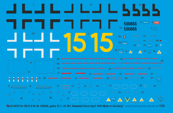 Peddinghaus-Decals 1:24 4035 FW 190 D-9 W. Nr. 500666, gelbe 15, I.JG 301 , Neustadt-Gelve, April 1945