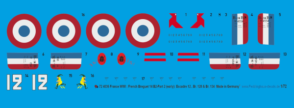 Peddinghaus-Decals 1:72 4036 France WWI : French Breguet 14 B2-Part2 ( early): Escadre 12, Br. 128 & Br. 134