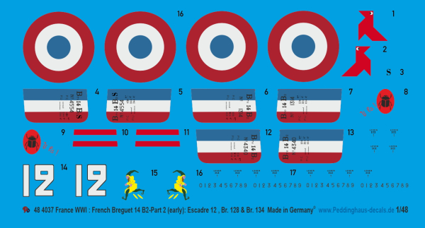 Peddinghaus-Decals 1:48 4037 France WWI : French Breguet 14 B2-Part2 ( early): Escadre 12, Br. 128 & Br. 134