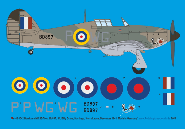 Peddinghaus-Decals 1:48 4042 Hurricane MK IIB/Trop. BD897, S/L Billy Drake, Hastings, Sierra Leone, December 1941