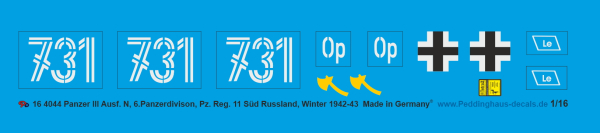 Peddinghaus-Decals 1:16 4044 Panzer III Ausf. N, 6. Panzerdivision, Pz. Reg. 11, Süd Russland , Winter 1942-43