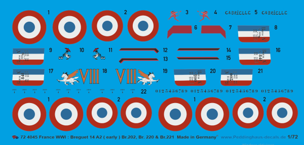 Peddinghaus-Decals 1:72 4045 France WWI:Breguet 14 A2 (early ) Br.202, Br.220& Br.221