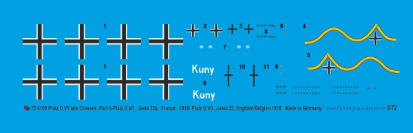 Peddinghaus-Decals 1/72 4100 Pfalz D.VII late Corees, Part 1 - Pfalz D.VII, Jasta 23b, France, 1918- Pfalz D.VII, Jasta 52, Enghien/Belgien