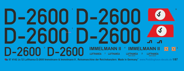 Peddinghaus-Decals 1/87 4142 Ju 52 Lufthansa D-2600 Immelmann & Immelmann II Reisemaschine des Reichskanzlers