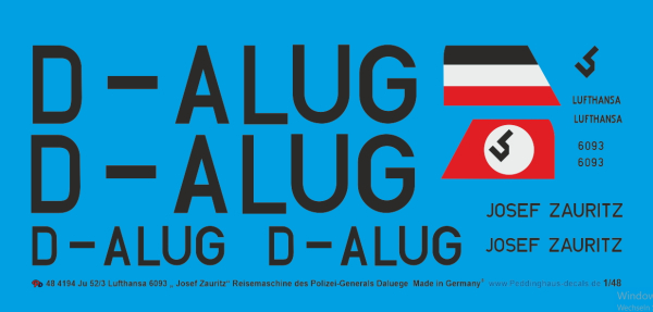Peddinghaus-Decals 1/48 4194 Ju 52/3 Lufthansa 6093 " Josef Zauritz" D-ALUG Reisemaschine des Polizeigeneral Daluege