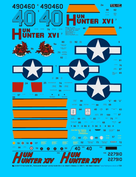 Peddinghaus-Decals 1/24 4204 P47 Hun Hunter XVI " Tennessee Air Museum " und Hun Hunter XIV Lt. Col. Gilbert O. Wieland. C.O. 65th FS , 1944
