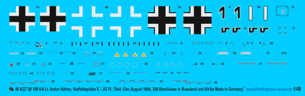 Peddinghaus-Decals 1/48 4227 BF 109 G-6 Lt. Anton Hafner, Staffelkapitän 8 /JG 51 Tilsit-Ost, August 1944, 204 Abschüsse in Russland and Afrika