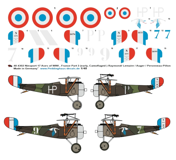 Peddinghaus-Decals 1:48 4302 French Nieuport 17 Aces of WWI - Part 3 (early, camouflaged) Raymond/Lemaire/Auger- Peronneau -Pillon