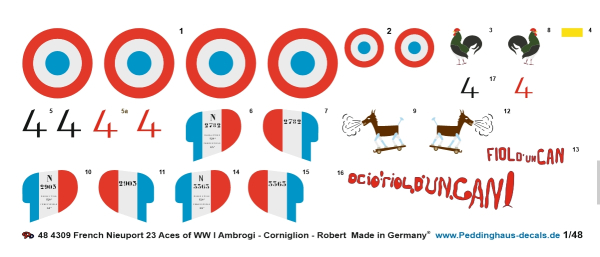 Peddinghaus-Decals 1:48 4309 French Nieuport 23 Aces of WWI - Ambrogi - Corniglion - Robert