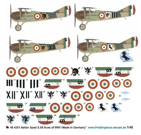 Peddinghaus-Decals 1/48 4351 Italian SPAD S.XIII Aces of WWI (Ruffo, Baracca, Costanini & Nardini )