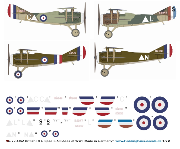 Peddinghaus-Decals 1/72 4352 British RFC SPAD S.XIII Aces of WWI (Fry/MacRae, Drewitt, Sowrey & Pidsley )