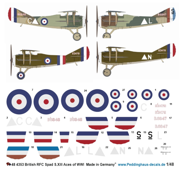 Peddinghaus-Decals 1/48 4353 British RFC SPAD S.XIII Aces of WWI (Fry/MacRae, Drewitt, Sowrey & Pidsley )