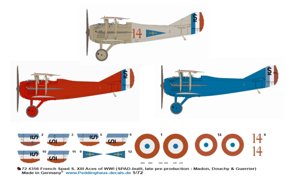 Peddinghaus-Decals 1/72 4356 French Spad S. XIII Aces of WWI (SPAD-built, late pre-production : Madon, Douchy & Guerrier)