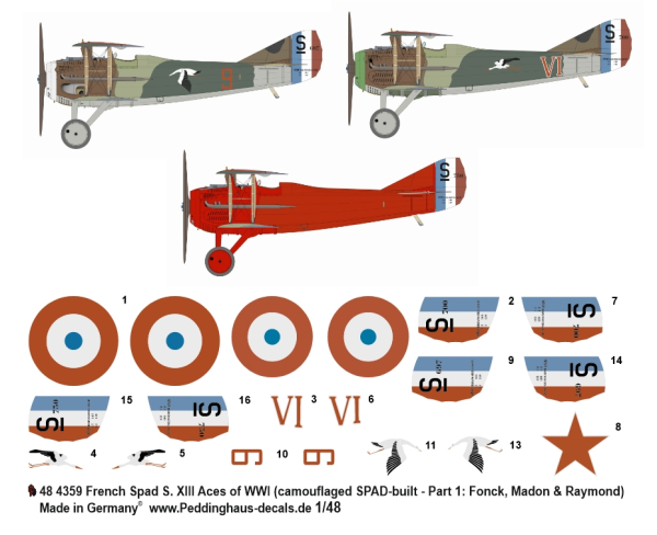 Peddinghaus-Decals 1/48 4359 French Spad S. XIII Aces of WWI (camouflaged SPAD-built - Part 1  : Fonk, Madon & Raymond)
