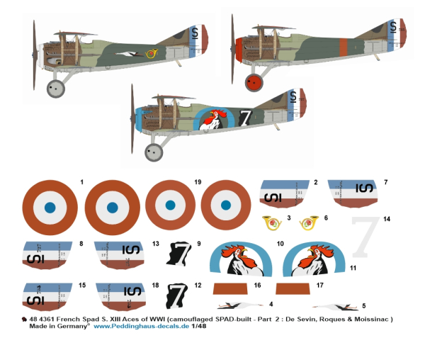 Peddinghaus-Decals 1/48 4361 French Spad S. XIII Aces of WWI (camouflaged SPAD-built - Part  2 : De Sevin, Roques & Moissinac )