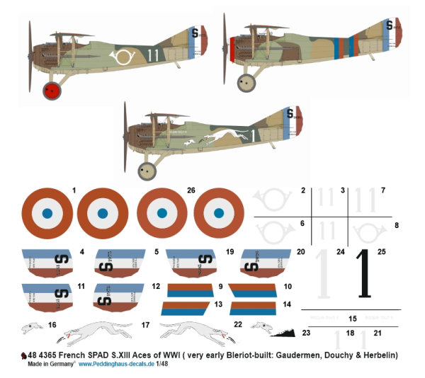 Peddinghaus-Decals 1/48 4365 French SPAD S.XIII Aces of WWI ( very early Bleriot-built: Gaudermen, Douchy & Herbelin)