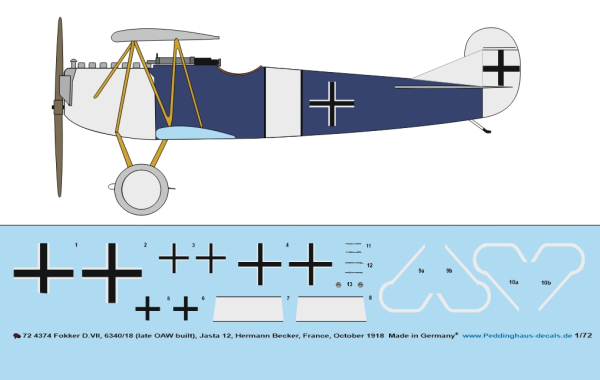 Peddinghaus-Decals 1/72 4374 Fokker D.VII, 6340/18 (late OAW built), Jasta 12, Hermann Becker, France, October 1918