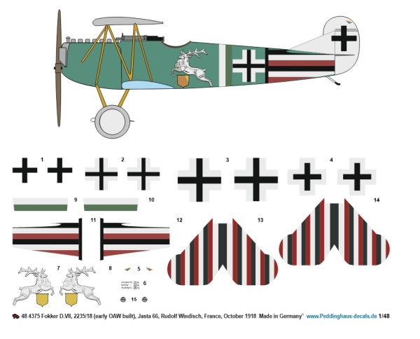 Peddinghaus-Decals 1/48 4375 Fokker D.VII, 2235/18 (early OAW built), Jasta 66, Rudolf Windisch, France, October 1918