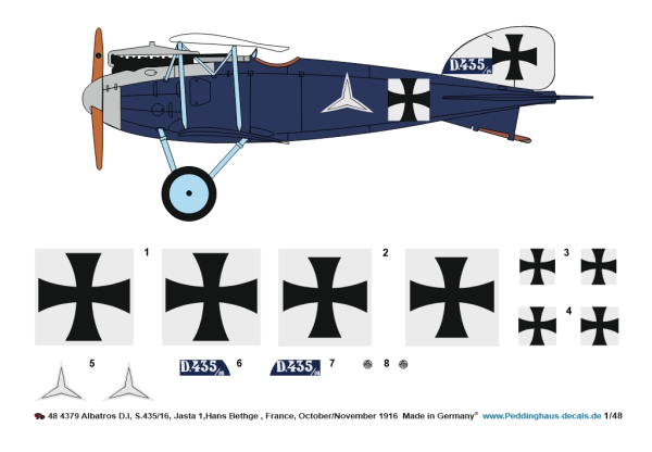 Peddinghaus-Decals 1/48 4379 Albatros D.I, S.435/16, Jasta 1,Hans Bethge , France, October/November 1916