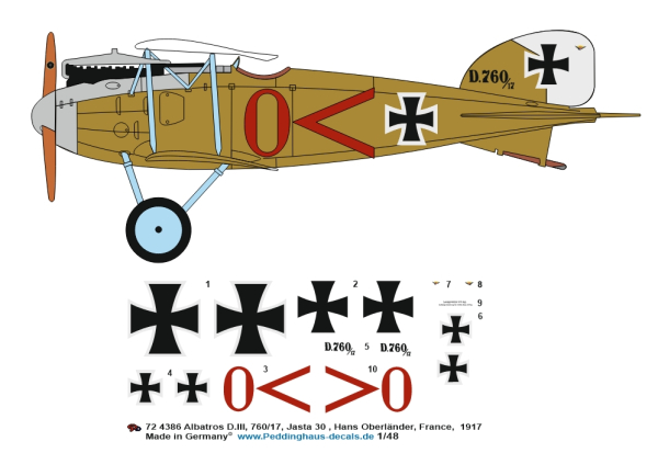 Peddinghaus-Decals 1/72 4386 Albatros D.III, 760/17, Jasta 30 , Hans Oberländer, France,  1917