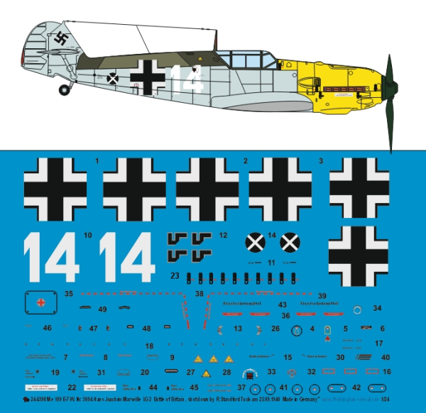 Peddinghaus-Decals 1/24 4398 Me 109 E-7 W. Nr 5094 Hans Joachim Marseile LG 2 23.09.1940 abgeschossen von R. S. Tuck