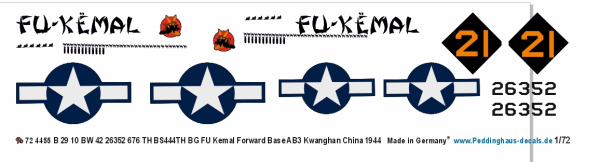 Peddinghaus-Decals 1/72 4455 B 29 10 BW 42 26352 676 TH BS444TH BG FU Kemal Forward Base AB3 Kwanghan China 1944