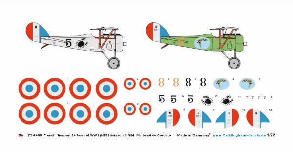 Peddinghaus-Decals 1/72 4460 French Nieuport 24 Aces of WW I (N75 Hérisson & N94  Martenot de Cordoux