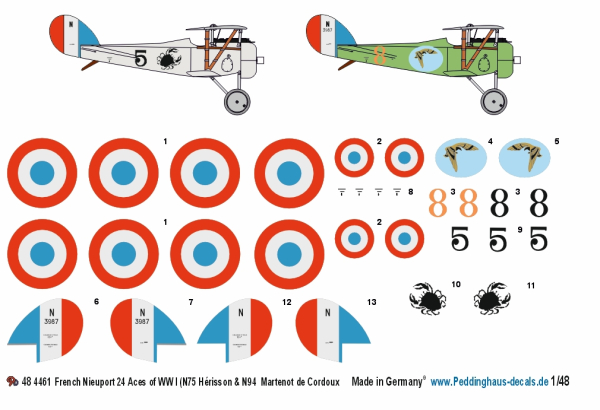 Peddinghaus-Decals 1/48 4461 French Nieuport 24 Aces of WW I (N75 Hérisson & N94  Martenot de Cordoux