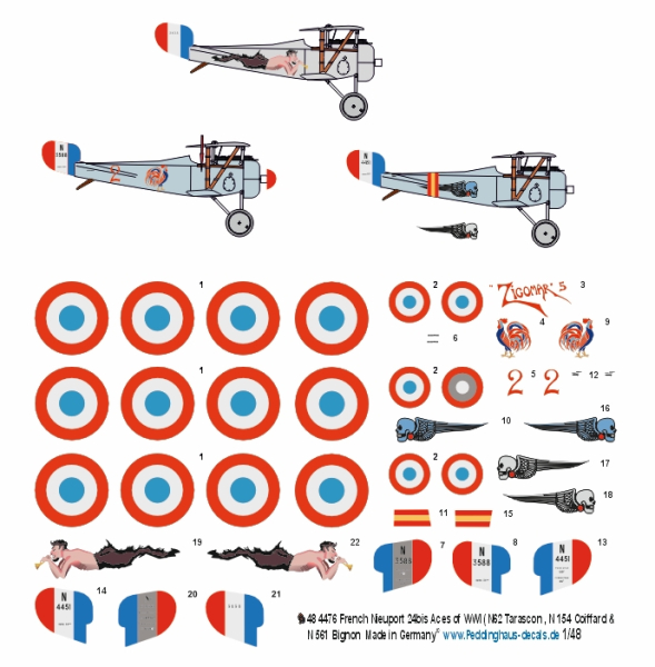 Peddinghaus-Decals 1/48 4476 French Nieuport 24bis Aces of WWI (N62 Tarascon , N 154 Coiffard & N 561 Bignon