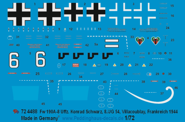 Peddinghaus-Decals 1/72 4488 Fw 190A-8 Uffz. Konrad Schwarz, 8./JG 54, Villacoublay, Frankreich 1944