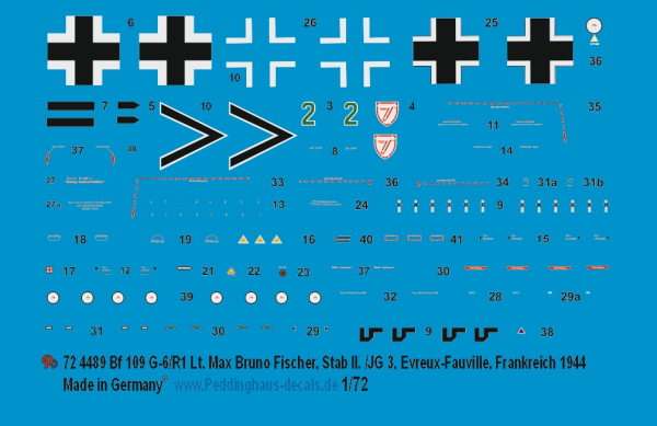 Peddinghaus-Decals 1/72 4489 Bf 109 G-6/R1 Lt. Max Bruno Fischer, Stab II. /JG 3, Evreux-Fauville, Frankreich 1944