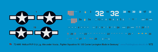 Peddinghaus-Decals 1/72 4490 Hellcat F6 F-3 Lt. j.g. Alexander Vraciu , Fighter Squadron 16 / US Carrier Lexington