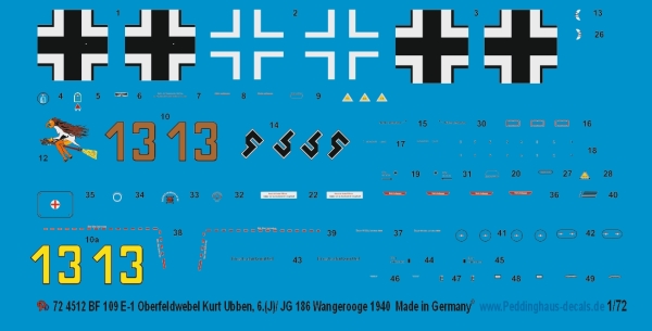 Peddinghaus-Decals 1/72 4512 BF 109 E-1 Oberfeldwebel Kurt Ubben, 6.(J)/ JG 186 Wangerooge 1940