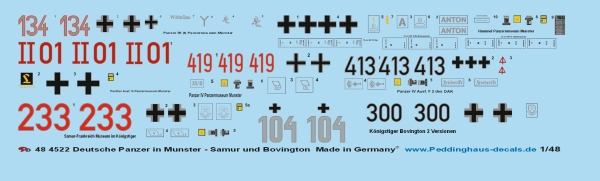 Peddinghaus Decals 1/48 4522 Deutsche Panzer in Munster - Samur - Bovington Pz 38 t, Hummel, Panzer IV, Panther, Königstiger