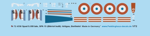 Peddinghaus-Decals 1/72 4558 Spad S.XIII late, SPA 15 (Blériot built): Artigau, Berthelot