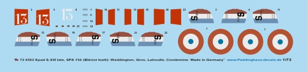 Peddinghaus-Decals 1/72 4562 Spad S.XIII late, SPA 154 (Blériot built): Waddington, Gros, Lahoulle, Condemine