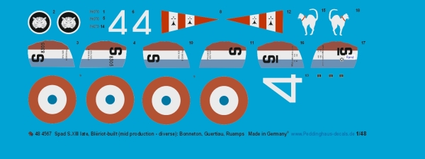Peddinghaus-Decals 1/48 4567 Spad S.XIII late, Blériot-built (mid production - diverse): Bonneton, Guertiau, Ruamps