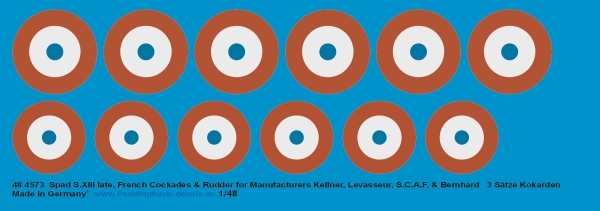 Peddinghaus-Decals 1/48 4573 Spad S.XIII late, French Cockades  for Manufacturers Kellner, Levasseur, S.C.A.F. & Bernhard ( 3 Sätze Kokarden