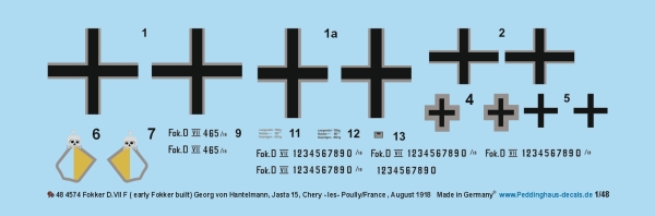 Peddinghaus-Decals 1/48 4574 Fokker D.VII F ( early Fokker built) Georg von Hantelmann, Jasta 15, Chery - les- Poully/France , August 1918