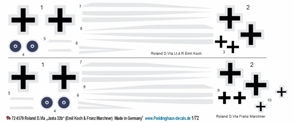 Peddinghaus Decals 1-72 4579 Roland DVI Jasta32 b Emil Koch & Franz Marchner