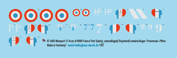 Peddinghaus-Decals 1/87 4602 French Nieuport 17 Aces of WWI - Part 3 (early, camouflaged) Raymond/Lemaire/Auger- Peronneau -Pillon